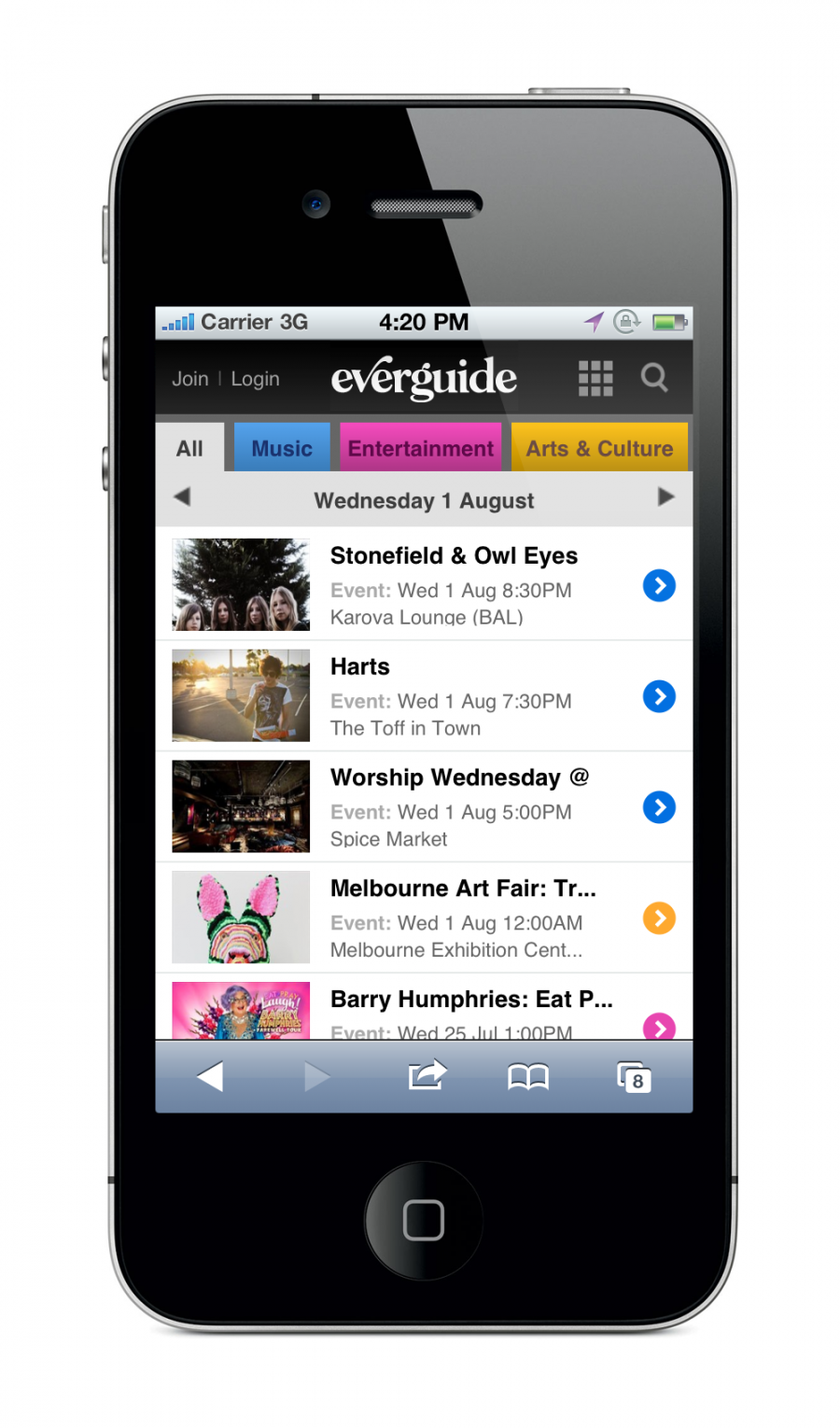 Everguide Mobile Site - Event List