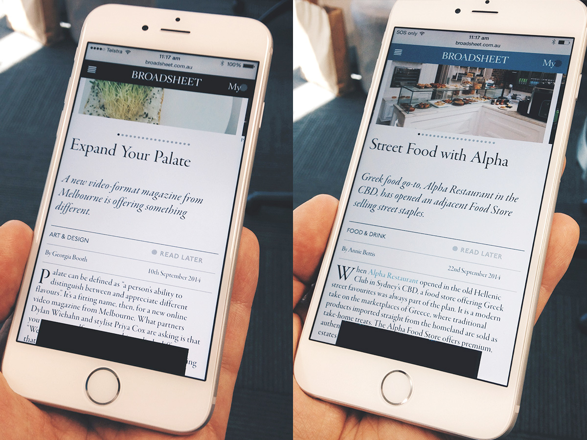 A broadsheet article with headings on an iPhone 6, and iPhone 6 Plus side by side.